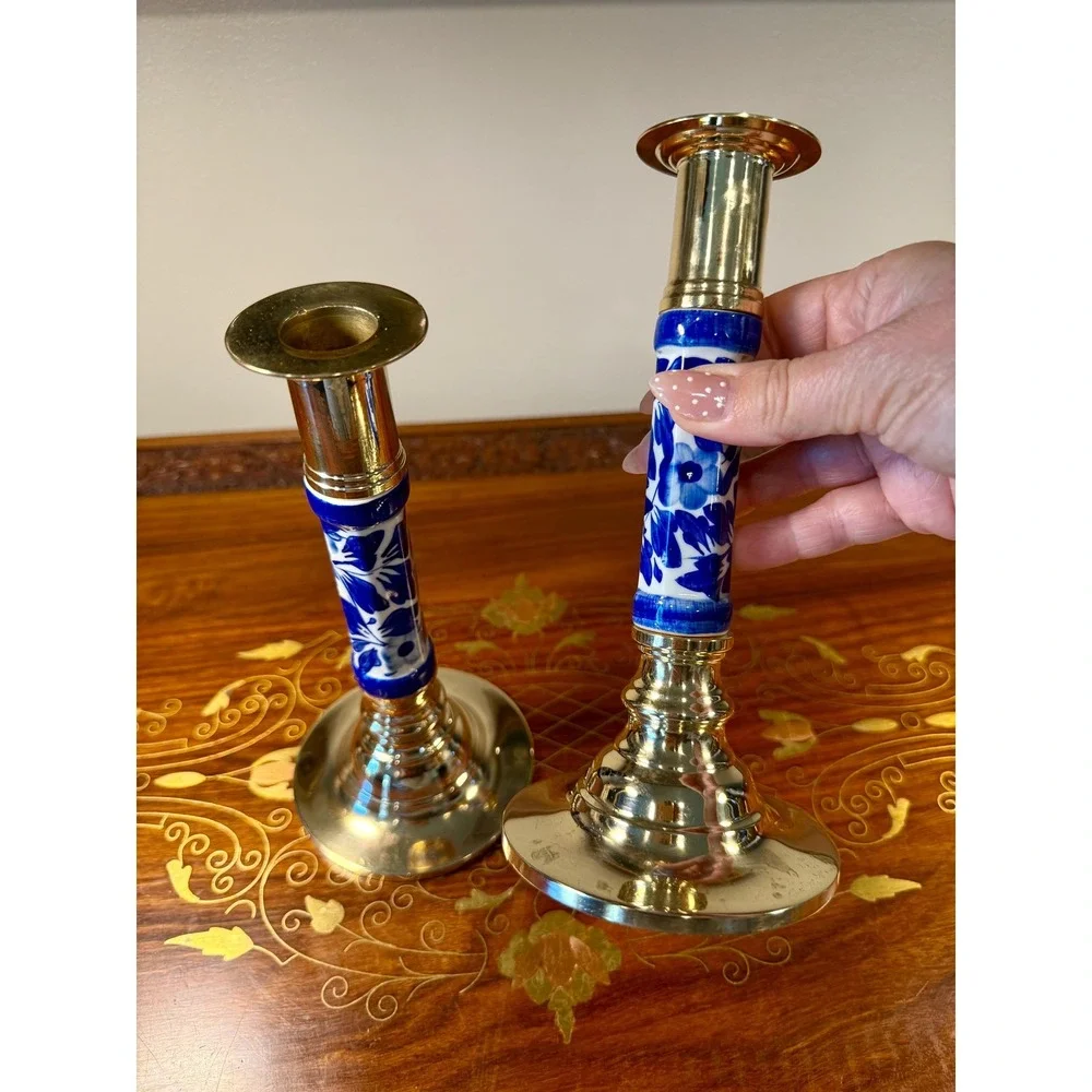 Vintage Blue White Chinoiserie Candlesticks • Brass Candle Holder Pair